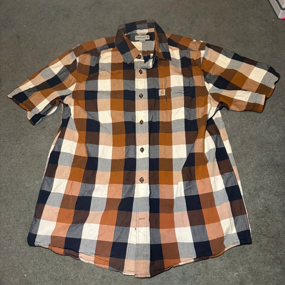 Carhartt Mens Relaxed Fit Short Sleeve Plaid Button Down Shirt Brown Navy Large